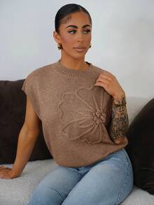 SAYEHFBABY 女士纯色提花短袖针织上衣 - 咖啡棕 - 查看 5
