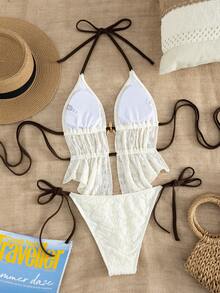 Swim Vcay Summer Vacation Sexy Starfish Decor Halter Backless Ruffle Tie Tankini Swimwear Set - Beige - View 5