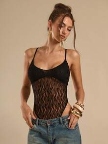 SHEIN BAE Áo liền thân ren đen xuyên thấu gợi cảm dành cho nữ - màu đen - Xem 1