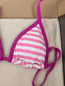 Swim Mod Conjunto de bikini de mujer con estampado de rayas de triángulo micro y cuello halter - Rosa Fucsia - Ver 5