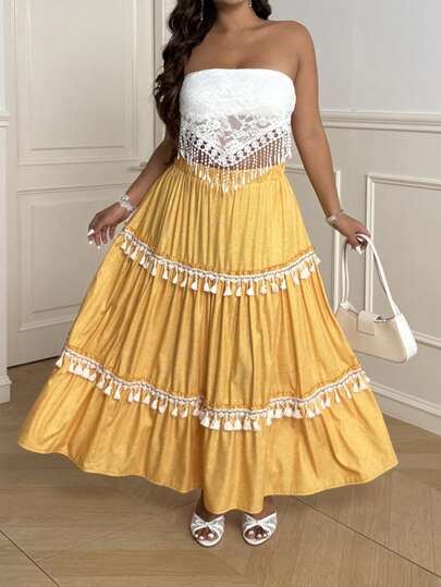 Vionelle 大码女式法式度假风黄色流苏提花高腰裙