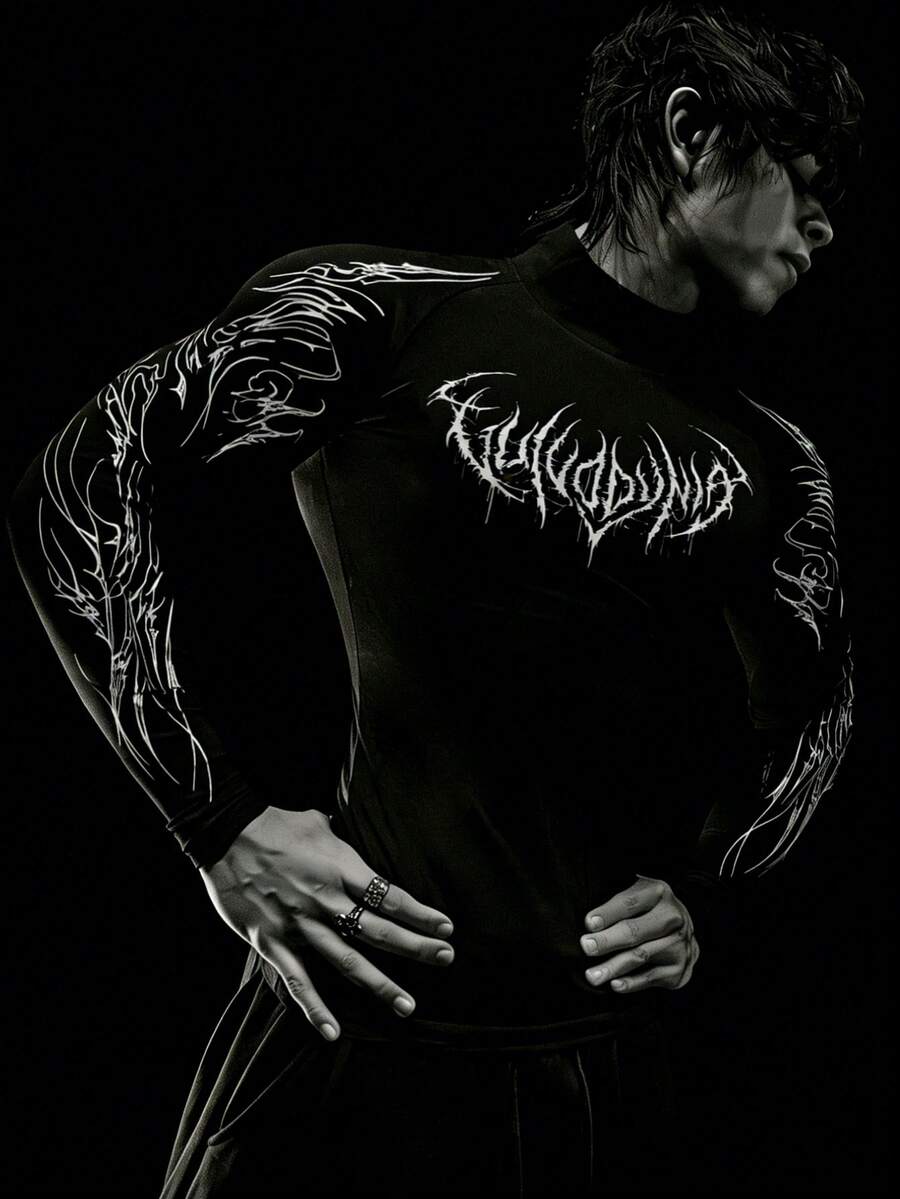 RISE LYT Áo thun thể thao dài tay raglan in họa tiết Gothic dành cho nam, áo nén thể thao. - màu đen - Xem 1