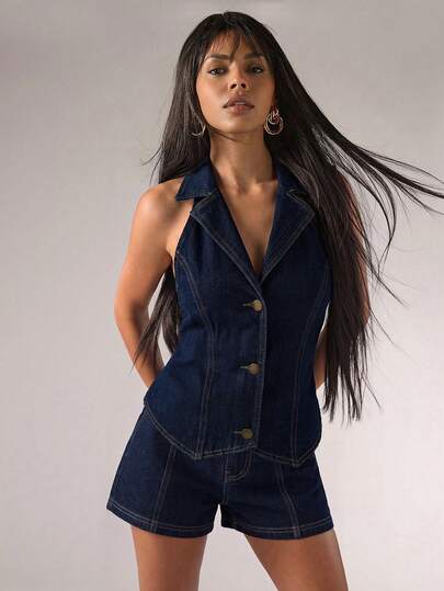Firerie Women's Fashion Solid Color Lapel Sleeveless Summer Front Button Denim Jacket Summer Carnival Costume Commuting Vacation Graduation Chic Y2k Cute Streetwear Coquette Party Wedding Elegant Business Casual Woman Business Beach Graduation Easter Women Sleeveless Denim Halter Top V Neck Button Front Fitted Jean Vest For Summer Fashion Stylish Women Dark Wash Denim Halter Button Up Vest Top Sleeveless V Neck Jean Blouse