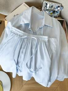 Resyla Women's Summer Casual Gentle Style Light Blue Shirt & Shorts 2 Pieces Set - Blue - View 7