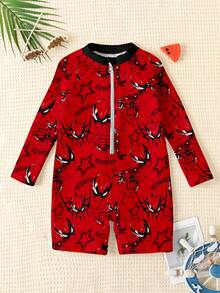 SHEIN Young Boy Casual Slim Fit Round Neck Long Sleeve Swimsuit, Classic Spider Hero Graphic Print, Spider Web Pattern, Suitable For Swimming, Surfing, Summer - Multicolor - View 2
