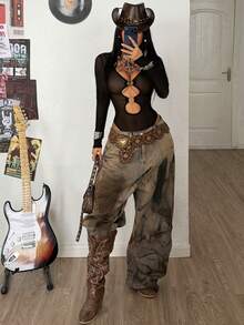 Coolane Trang phục đường phố mùa thu/mọi mùa dành cho nữ, phong cách rave, lễ hội âm nhạc, Y2K Gyaru, áo liền quần dài tay co giãn khoét eo màu đen. - màu đen - Xem 3