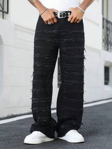 Manfinity EMRG Spring & Summer Vintage Washed Black Straight Loose Baggy Distressed Flared Wide Leg Jeans - Black - View 3