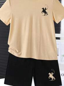 Tween Jungen Casual Minimalist Set aus Rundhals Kurzarm-Shirt und Shorts, 2 Stücke, geeignet für den Sommer, dezenter Pferde-Logo-Muster - Khaki - Übersicht 4