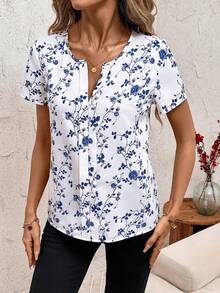 SHEIN Clasi Women's Summer Short Sleeve Loose Ditsy Floral Shirt, Casual Country Style, Black & White,Summer Top - Blue and White - View 5