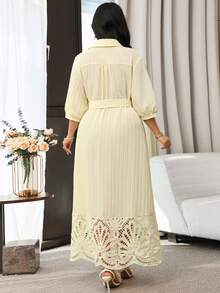 Modelyn Plus Size Elegant Solid Color Hollow Patchwork Front Button Dress, Summer Fall - Pale Yellow - View 6