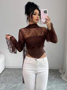 SHEIN Tall Women's Lace Patchwork Long Flare Sleeve Front Fish Bone Line Halter Tie Crop Top , Elegant Sexy Brown Summer Night Out Party - Brown - View 8
