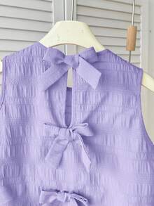 Tween Girl Casual Vacation Round Neck Textured Red Spring Style Bow Back Camisole Top And Shorts 2-Piece Set - Mauve Purple - View 4