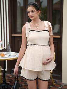 Momance 两件套孕妇休闲撞色滚边背心和短裤套装 - 杏色 - 查看 1