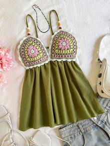 Trelyra Áo hai dây nữ kiểu dáng giản dị, lãng mạn, phong cách Bohemian, màu trơn, đính cườm, dây mảnh, cổ chữ V sâu, viền bèo nhún, hở lưng, thích hợp cho kỳ nghỉ xuân/hè. - Màu xanh Bạc hà - Xem 4