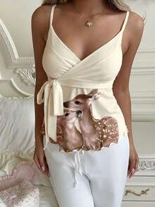 CovetEZ 女士春夏新品 - 甜美杏色小鹿印花可爱少女侧系荷叶边吊带背心 - 彩色 - 查看 5