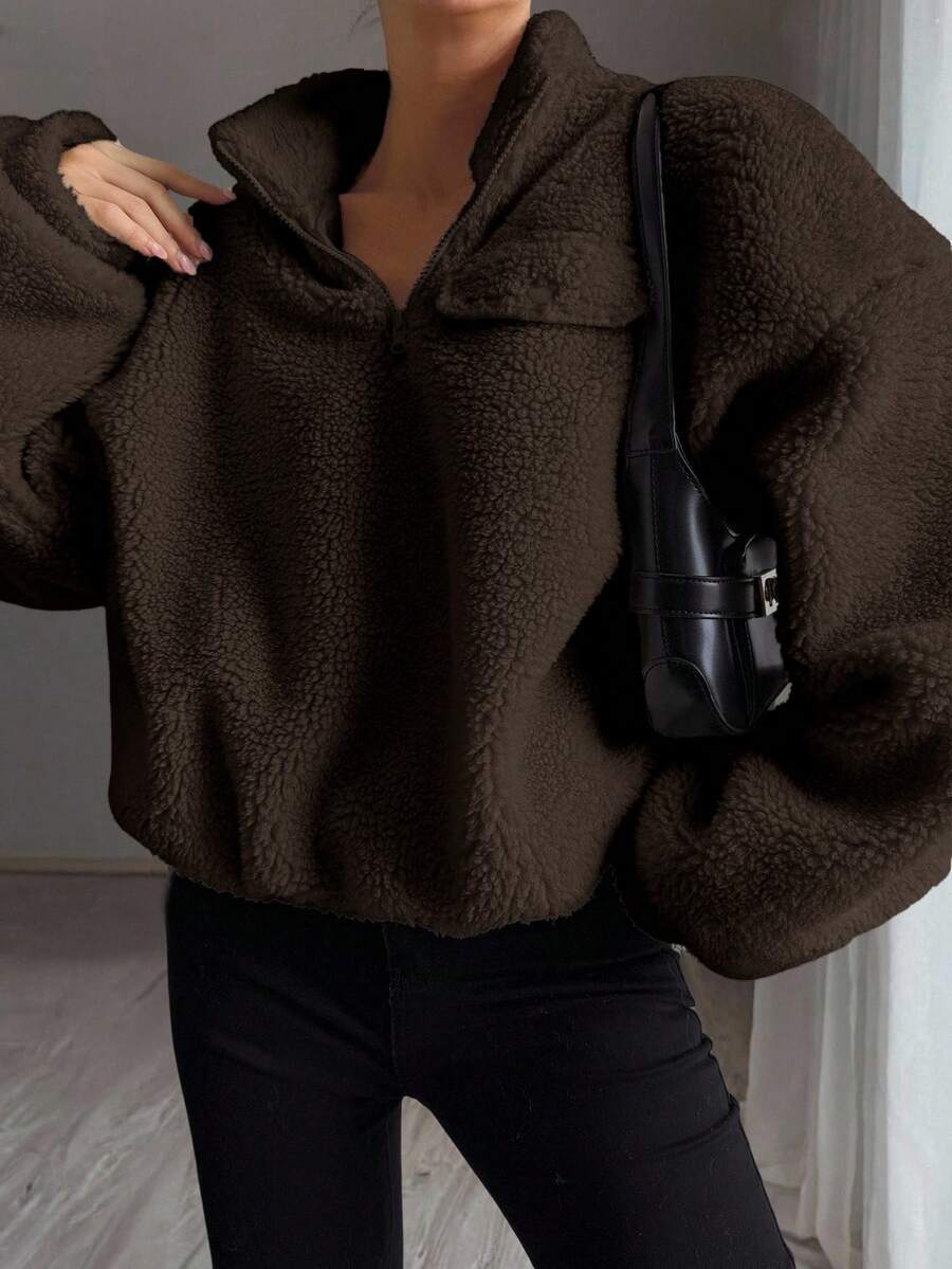 DAZY 女士秋季高领半拉链下摆卫衣 Y2k - 咖啡棕 - 查看 1