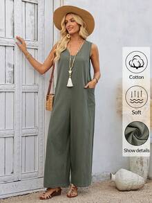 EMERY ROSE Bộ áo liền quần không tay ống rộng màu trơn phong cách boho cho nữ, trang phục thường ngày cho nữ, áo liền quần mùa hè cho nữ, quần yếm boho cho nữ, áo liền quần ống rộng cho nữ, trang phục mùa hè cho nữ, trang phục nghỉ hè. - xanh quân đội - Xem 5
