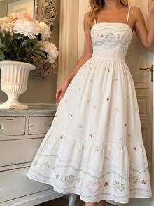 SHEIN MOD 女士印花荷叶边连衣裙，度假风 - 杏色 - 查看 2