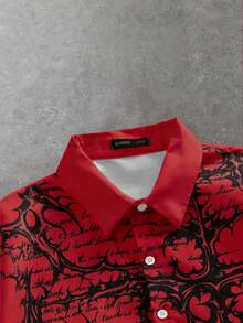 ROMWE MEN Men's Casual Letter Print Front Button Short Sleeve Shirt, Summer - Red - View 3