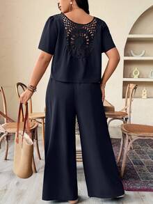 Plus Size Women's Casual Vacation Style Front Knot Back Patchwork Crochet Short Sleeve Top And Wide Leg Pants 2 Piece Set, Spring/Summer/Autumn - Navy Blue - View 8