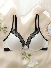 1pc Pure Texture Fabric Set, Lace Cup Bra With Underwire, Innocent Homewear Women's Lingerie - Black and White - View 1