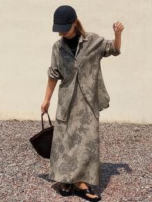 Dazy-Less 女士印花纽扣衬衫和A字裙休闲两件套 - 棕色 - 查看 2