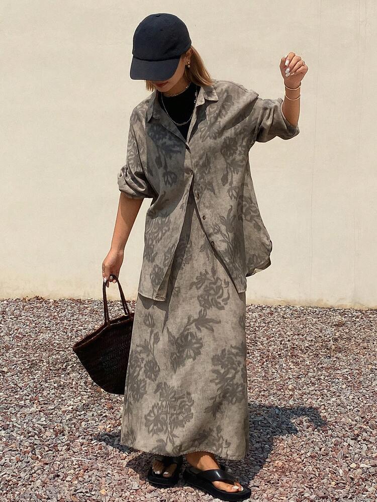 Women's Floral Print Button-Up Shirt And A-Line Skirt Casual 2 Pieces Set