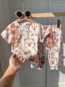 2 Pieces Baby Boy Cute Bear Pattern Casual Home Wear Set, Loose And Relaxed Fit, Perfect For Summer - Brown - View 1