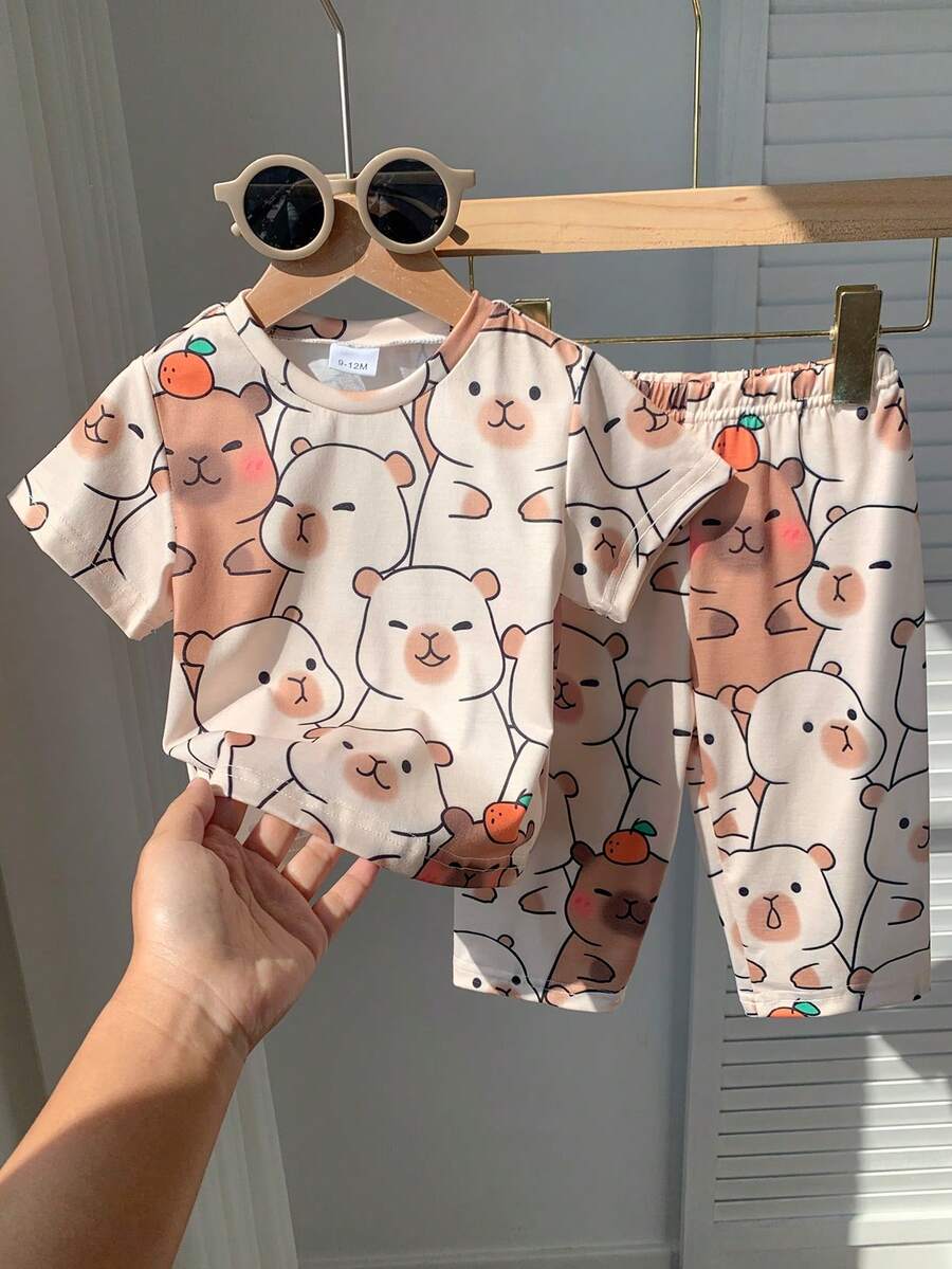 2 Pieces Baby Boy Cute Bear Pattern Casual Home Wear Set, Loose And Relaxed Fit, Perfect For Summer - Brown - View 1