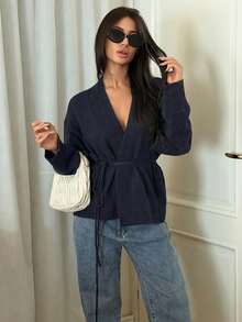 Ronhire Drop Shoulder Belted Cardigan,Long Sleeve Tops Business Casual Woman Work Clothes - Navy Blue - View 5