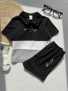 SHEIN 男婴字母图案撞色Polo衫和短裤休闲简约套装，适合夏季穿着 - 彩色 - 查看 5