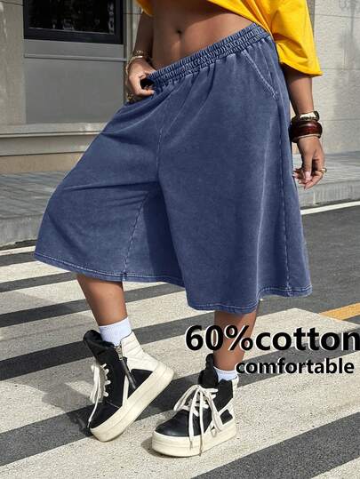 Muchica Pantalones cortos sueltos y casuales azul marino, talla grande