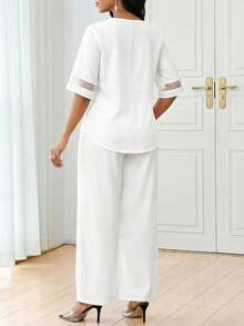 SHEIN Lady Women's Fashionable Elegant V-Neck Blouse & Pants 2 Pieces Set - White - View 2