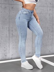 SHEIN Tall Women's Washed Skinny Jeans With Pockets - Blue - View 3