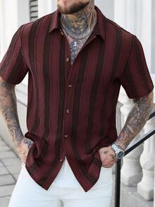 Manfinity CasualCool 梭织条纹休闲男士Polo衫 - 酒紅色 - 查看 6