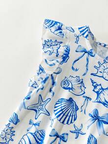 Maija Kids Maija Kids 1 chiếc đầm dệt kim không tay dáng rộng, thanh lịch, dễ thương họa tiết vỏ sò và sao biển, viền bèo nhún, thích hợp mặc hàng ngày, đi học, dã ngoại, họp mặt, lễ hội, mùa xuân và mùa hè. - Xanh và trắng - Xem 5