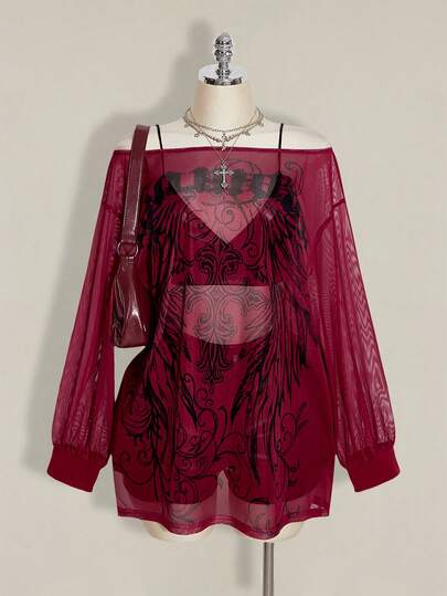 SHEIN ICON Vestido mini de malla transparente con hombros anchos, abertura lateral y estampado retro punk para tallas grandes Y2K