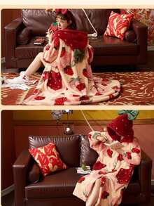 Áo ngủ nữ mùa đông in hình dâu tây có mũ trùm đầu, tay áo kiểu pajama, quà Giáng sinh, áo ngủ dài tay ấm áp, dày dặn bằng vải nỉ, có nút cài, có túi, bộ đồ ngủ nữ mùa thu đông, đồ ngủ dễ thương hoặc mặc hàng ngày. - Nhiều màu - Xem 9