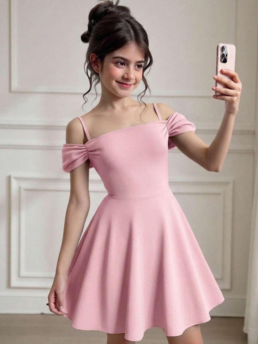 SHEIN Tween女孩優雅露肩收腰A字天鵝絨秋季洋裝 - 粉色 - 查看 1
