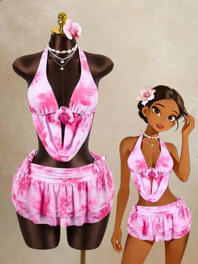 Zestiva Bộ bikini 3 mảnh bán chạy nhất mùa Xuân/Hè, họa tiết hoa, kiểu áo hai dây mảnh với họa tiết hoa 3D nổi bật, viền bèo nhún + chân váy xếp tầng họa tiết hoa viền bèo nhún + quần bikini tam giác họa tiết hoa.