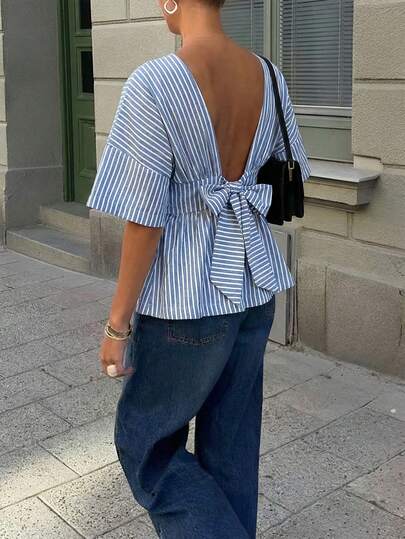 Aloruh Áo kiểu nữ thanh lịch cổ tròn, hở lưng, thắt nơ, ôm dáng, màu trắng sữa.