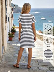 EMERY ROSE Vestido casual de mujer con cuello redondo, mangas cortas, bolsillo y estampado de rayas - Multicolor - Ver 2