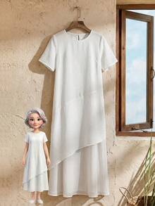 Rusticease Women's Solid Color Round Neck Short Sleeve Asymmetric Design Casual Mid-Length Dress,Modest White Summer Festival Outfits Easter Dress Zanzea Clothes - White - View 7