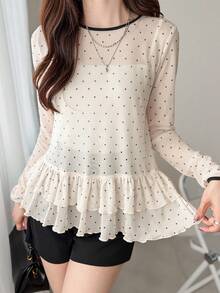 FRIFUL 女士波点扭结荷叶边下摆休闲长袖衬衫，夏季日常百搭单品 - 白色 - 查看 2