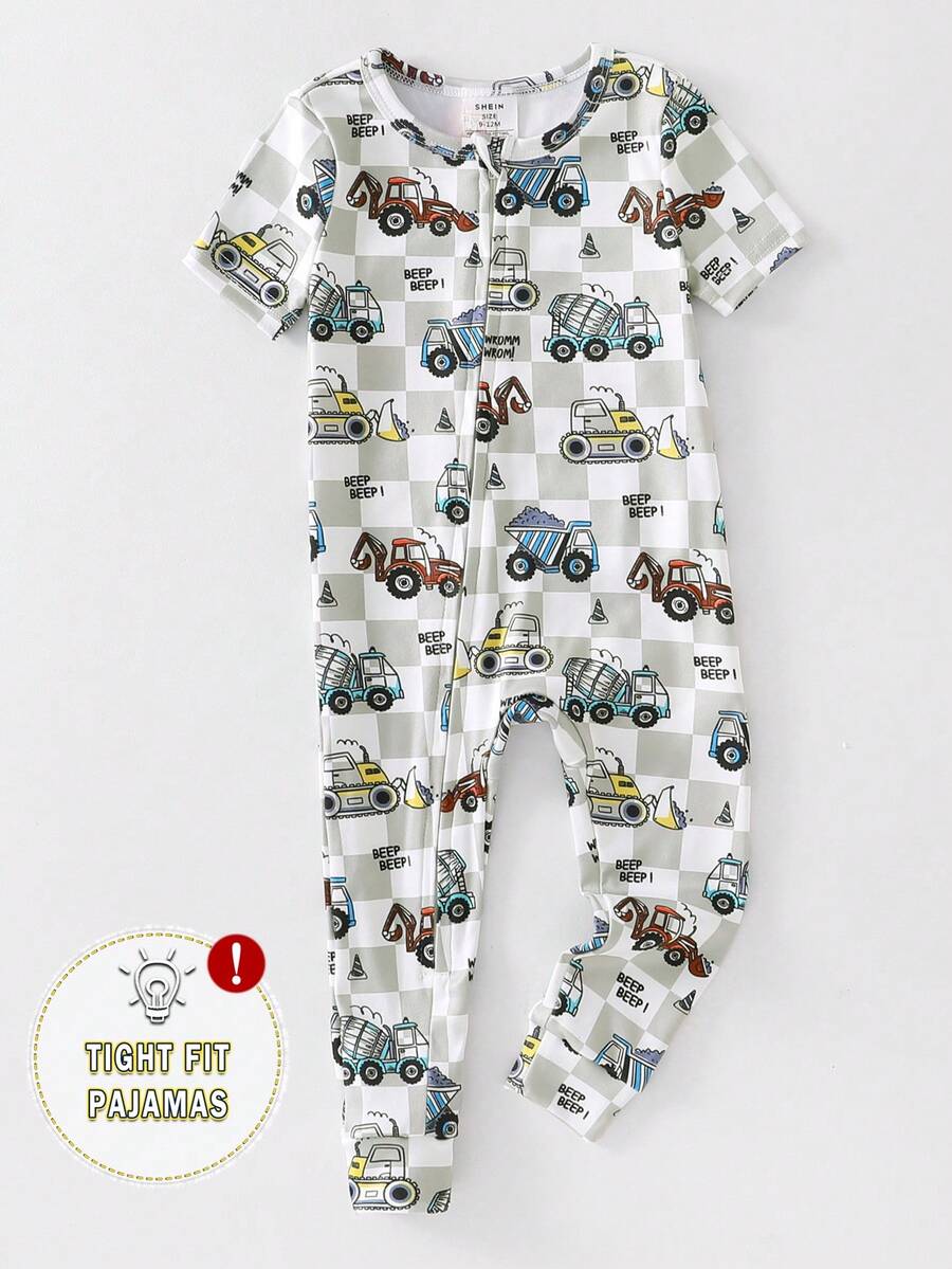 Bộ đồ ngủ liền thân ôm sát cho bé trai, in hình xe hoạt hình, tay ngắn. - Nhiều màu - Xem 1