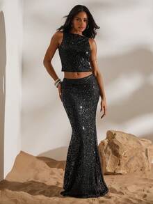 Opulessa Women's Sequin Mermaid Hem Skirt, Seductive Autumn Bohemian Ibiza , Western Style Summer Holiday, Beach Club Vacation - Black - View 5