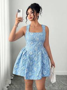 SHEIN PETITE CURVE 大码女士优雅收腰A字连衣裙，花卉提花面料，法式方领，适合日常穿着、约会、旅行、拍照等场合。 - 藍色 - 查看 4