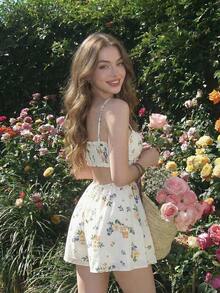 SHEIN MOD Women's Summer Floral Print Front Tie Spaghetti Strap Wide Leg Jumpsuit - Multicolor - View 4