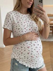 SHEIN Maternity Ditsy Floral Frill Trim T-Shirt - Pink - View 1