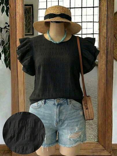 EMERY ROSE Mother's Day Vacation Style Plus Size Crinkle Cutout Textured Fabric Black Solid Color Round Neck Double Ruffle Trim Cap Sleeve Casual Fashion Blouse, Suitable For Summer